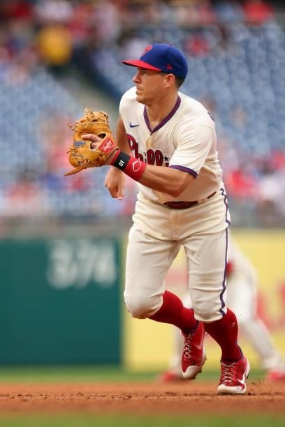 Realmuto of the Philadelphia Phillies makes a start at first base during a game against the Arizona Diamondbacks a game at Citizens Bank Park on...