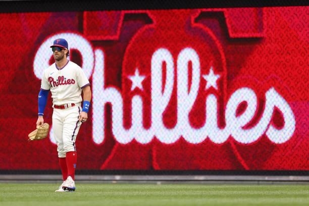 Bryce Harper of the Philadelphia Phillies in action during a game against the Arizona Diamondbacks at Citizens Bank Park on August 29, 2021 in...