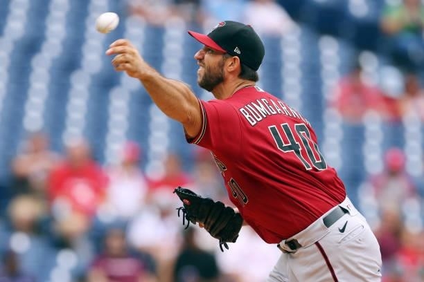 Madison Bumgarner of the Arizona Diamondbacks in action against the Philadelphia Phillies during a game at Citizens Bank Park on August 29, 2021 in...