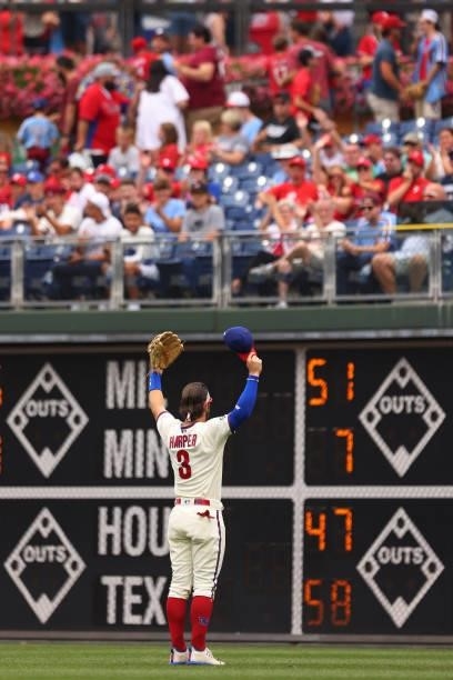 Bryce Harper of the Philadelphia Phillies acknowledges the fans before a game against the Arizona Diamondbacks at Citizens Bank Park on August 29,...