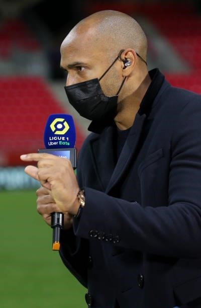 Thierry Henry, pundit for Amazon Prime VIdeo during the Ligue 1 Uber Eats match between Stade Reims and Paris Saint Germain at Stade Auguste Delaune...