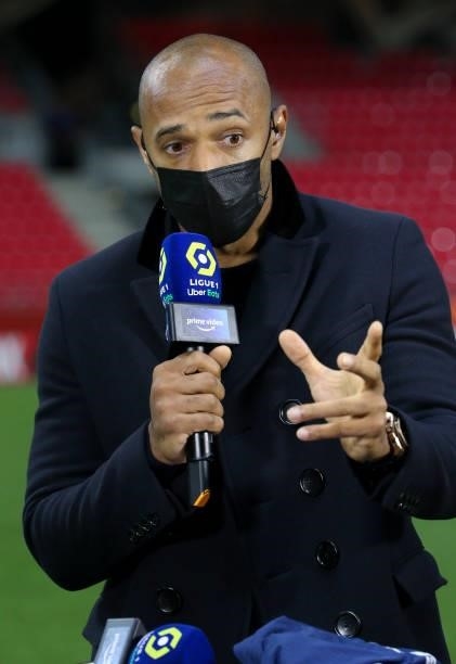 Thierry Henry, pundit for Amazon Prime VIdeo during the Ligue 1 Uber Eats match between Stade Reims and Paris Saint Germain at Stade Auguste Delaune...