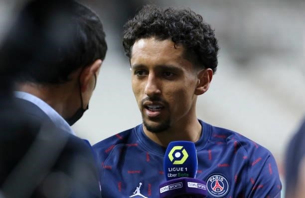 Marquinhos of PSG interviewed following the Ligue 1 Uber Eats match between Stade Reims and Paris Saint Germain at Stade Auguste Delaune on August...