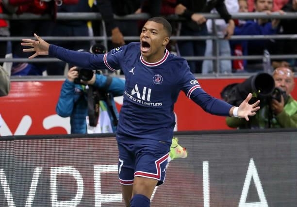 Kylian Mbappe of PSG celebrates his second goal during the Ligue 1 Uber Eats match between Stade Reims and Paris Saint Germain at Stade Auguste...