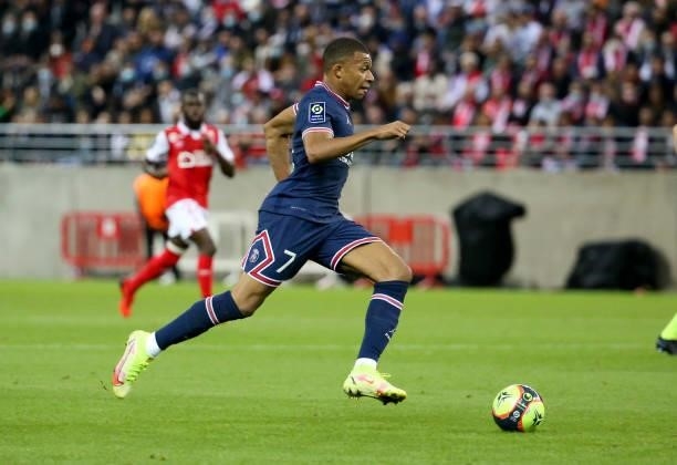 Kylian Mbappe of PSG during the Ligue 1 Uber Eats match between Stade Reims and Paris Saint Germain at Stade Auguste Delaune on August 29, 2021 in...