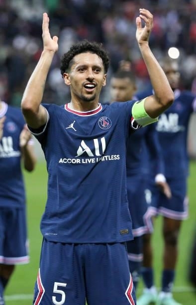 Marquinhos of PSG salutes the supporters during the Ligue 1 Uber Eats match between Stade Reims and Paris Saint Germain at Stade Auguste Delaune on...