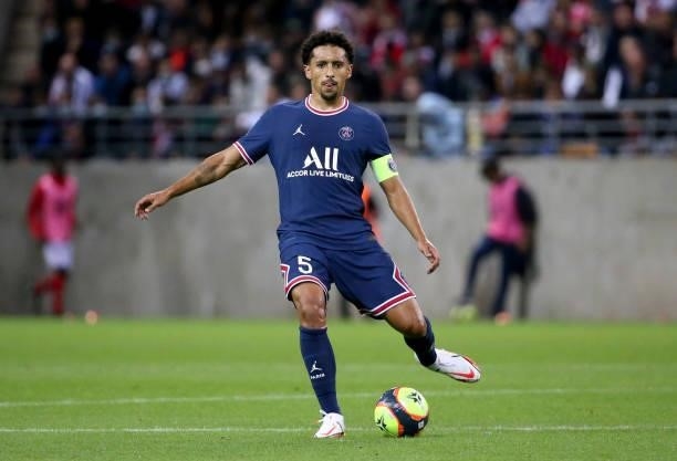 Marquinhos of PSG during the Ligue 1 Uber Eats match between Stade Reims and Paris Saint Germain at Stade Auguste Delaune on August 29, 2021 in...