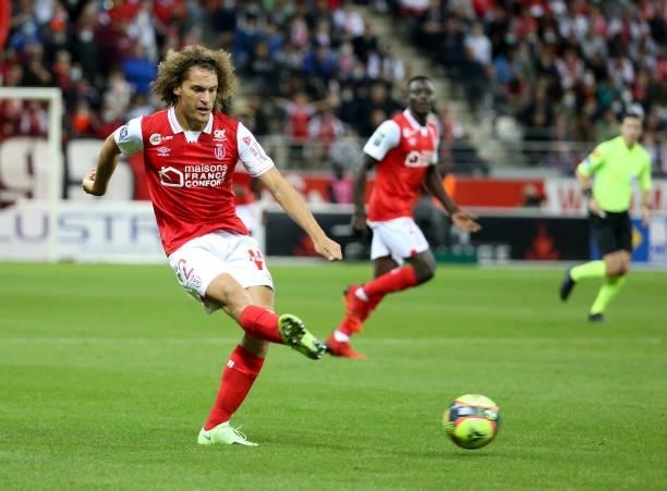 Wout Faes of Reims during the Ligue 1 Uber Eats match between Stade Reims and Paris Saint Germain at Stade Auguste Delaune on August 29, 2021 in...