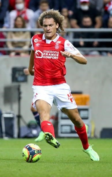 Wout Faes of Reims during the Ligue 1 Uber Eats match between Stade Reims and Paris Saint Germain at Stade Auguste Delaune on August 29, 2021 in...