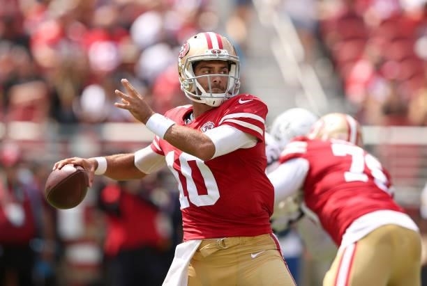 Jimmy Garoppolo of the San Francisco 49ers passes the ball against the Las Vegas Raiders during their preseason game at Levi's Stadium on August 29,...