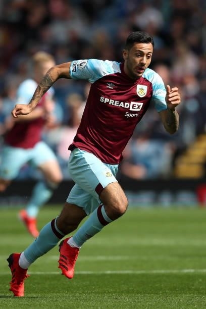 Dwight McNeil of Burnley in action during the Premier League match between Burnley and Leeds United at Turf Moor on August 29, 2021 in Burnley,...