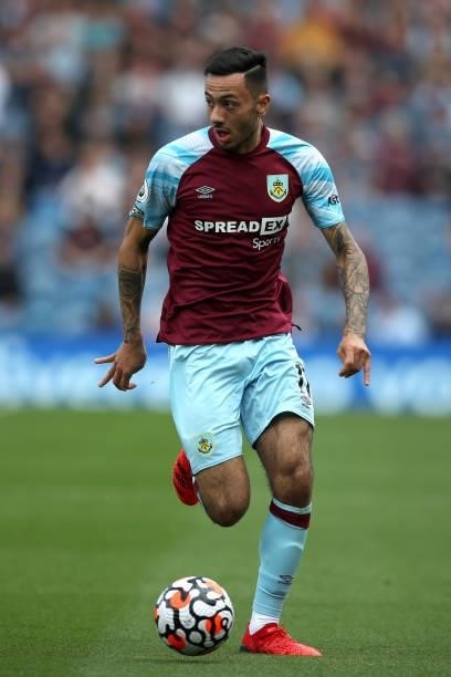Dwight McNeil of Burnley in action during the Premier League match between Burnley and Leeds United at Turf Moor on August 29, 2021 in Burnley,...