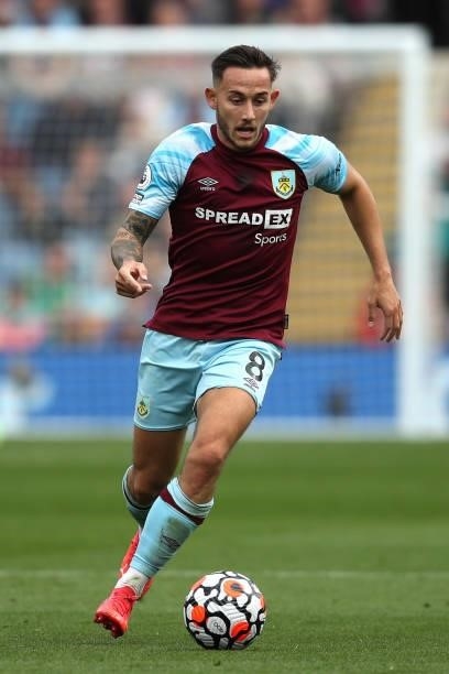 Josh Brownhill of Burnley in action during the Premier League match between Burnley and Leeds United at Turf Moor on August 29, 2021 in Burnley,...