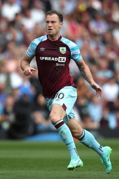 Ashley Barnes of Burnley in action during the Premier League match between Burnley and Leeds United at Turf Moor on August 29, 2021 in Burnley,...
