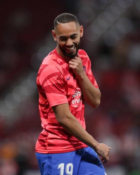 Matheus Cunha of Atletico de Madrid reacts as he warms up before the La Liga Santader match between Club Atletico de Madrid and Villarreal CF at...