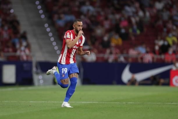 Matheus Cunha of Atletico de Madrid jumps into the pitch during the La Liga Santader match between Club Atletico de Madrid and Villarreal CF at...