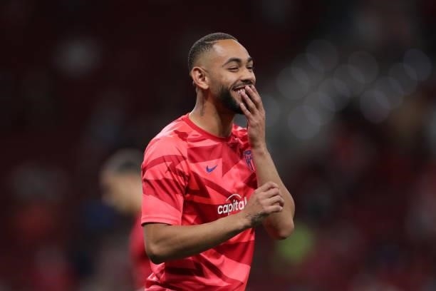 Matheus Cunha of Atletico de Madrid reacts as he warms up before the La Liga Santader match between Club Atletico de Madrid and Villarreal CF at...