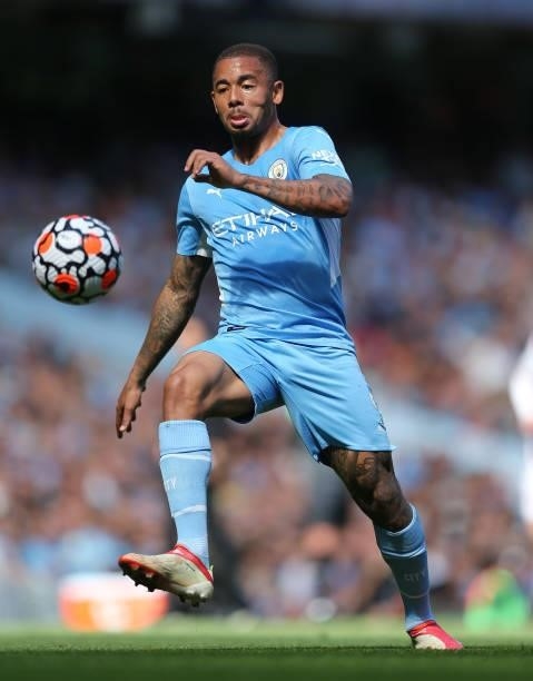 Gabriel Jesus of Manchester City during the Premier League match between Manchester City and Arsenal at Etihad Stadium on August 28, 2021 in...