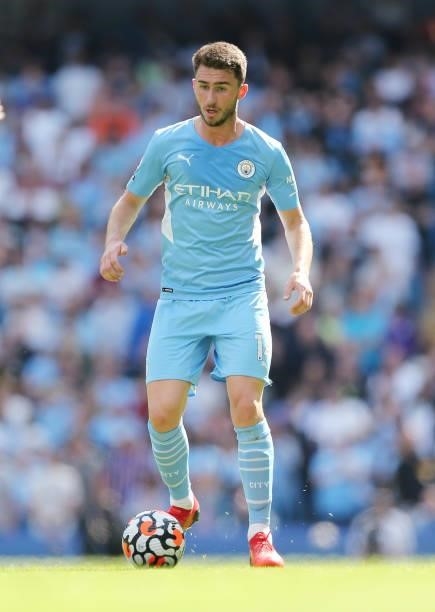 Aymeric Laporte of Manchester City during the Premier League match between Manchester City and Arsenal at Etihad Stadium on August 28, 2021 in...
