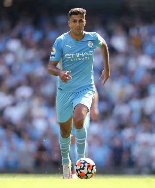 Rodri of Manchester City during the Premier League match between Manchester City and Arsenal at Etihad Stadium on August 28, 2021 in Manchester,...