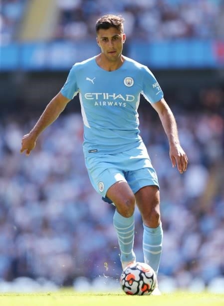 Rodri of Manchester City during the Premier League match between Manchester City and Arsenal at Etihad Stadium on August 28, 2021 in Manchester,...