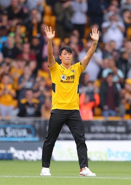 Hwang Hee-chan of Wolverhampton Wanderers is introduced to the crowd prior to the Premier League match between Wolverhampton Wanderers and Manchester...