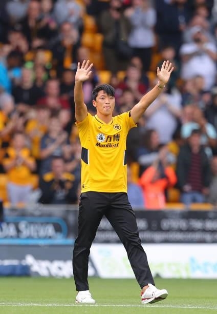 Hwang Hee-chan of Wolverhampton Wanderers is introduced to the crowd prior to the Premier League match between Wolverhampton Wanderers and Manchester...