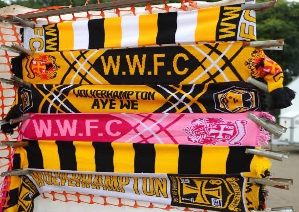 Wolverhampton Wanderers scarves are seen outside Molineux prior to the Premier League match between Wolverhampton Wanderers and Manchester United at...