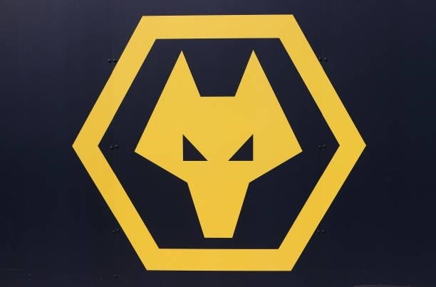 Wolverhampton Wanderers crest is seen outside Molineux prior to the Premier League match between Wolverhampton Wanderers and Manchester United at...