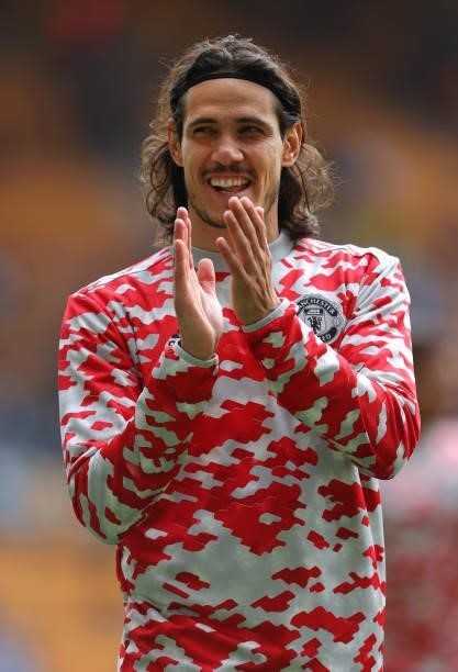 Edinson Cavani of Manchester United looks on during a warm up prior to the Premier League match between Wolverhampton Wanderers and Manchester United...