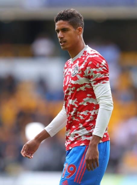 Raphael Varane of Manchester United during a warm up prior to the Premier League match between Wolverhampton Wanderers and Manchester United at...