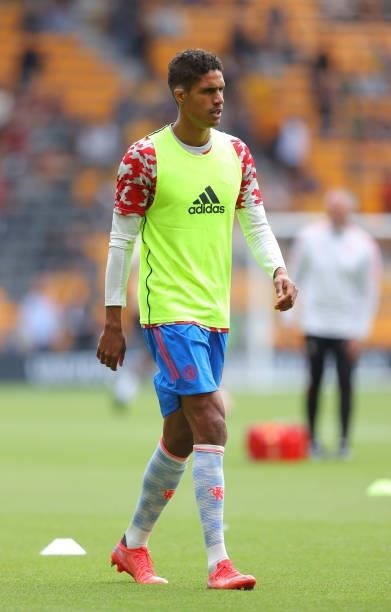 Raphael Varane of Manchester United during a warm up prior to the Premier League match between Wolverhampton Wanderers and Manchester United at...