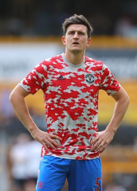 Harry Maguire of Manchester United during a warm up prior to the Premier League match between Wolverhampton Wanderers and Manchester United at...