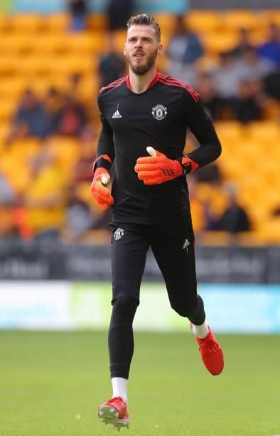 David de Gea of Manchester United during a warm up prior to the Premier League match between Wolverhampton Wanderers and Manchester United at...