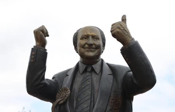 Statue of Sir Jack Hayward is seen outside Molineux prior to the Premier League match between Wolverhampton Wanderers and Manchester United at...