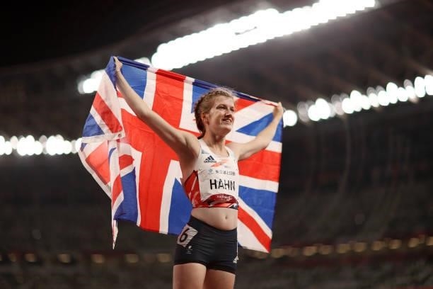 Sophie Hahn of Team Great Britain celebrates after winning gold in the Women’s 100m - T38 Final on day 4 of the Tokyo 2020 Paralympic Games at...