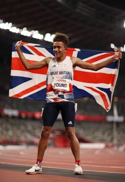 Thomas Young of Team Great Britain celebrates after winning gold in the Men’s 100m - T38 Final on day 4 of the Tokyo 2020 Paralympic Games at Olympic...