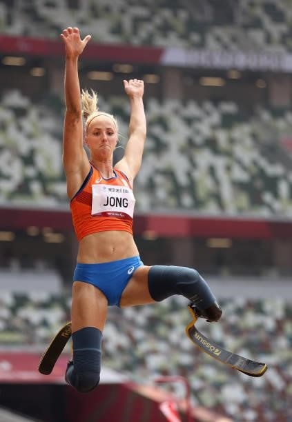 Fleur Jong of Team Netherlands competes in the Women’s Long Jump - T64 Final on day 4 of the Tokyo 2020 Paralympic Games at Olympic Stadium on August...