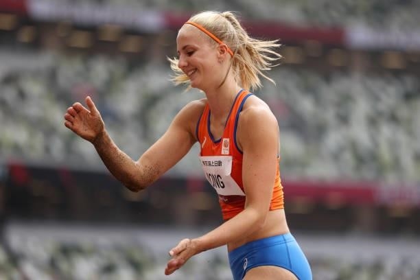 Fleur Jong of Team Netherlands competes in the Women’s Long Jump - T64 Final on day 4 of the Tokyo 2020 Paralympic Games at Olympic Stadium on August...
