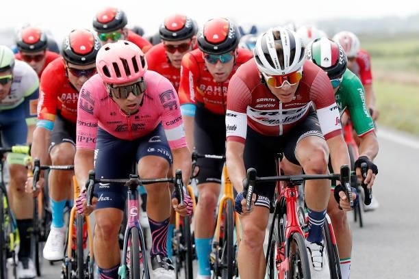 Stefan Bissegger of Switzerland and Team EF Education - Nippo and Toms Skujins of Latvia and Team Trek - Segafredo compete during the 17th Benelux...