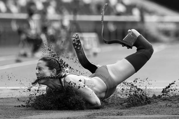 Sara Andres Barrio of Team Spain in action during the Women's Long Jump - T64 Final on day 4 of the Tokyo 2020 Paralympic Games at Olympic Stadium on...
