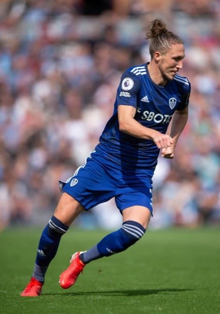 Luke Ayling of Leeds United during the Premier League match between Burnley and Leeds United at Turf Moor on August 29, 2021 in Burnley, England.