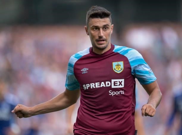 Matthew Lowton of Burnley during the Premier League match between Burnley and Leeds United at Turf Moor on August 29, 2021 in Burnley, England.
