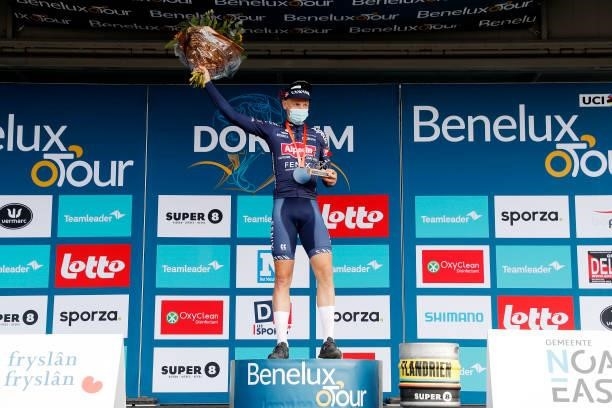 Tim Merlier of Belgium and Team Alpecin-Fenix celebrates winning the stage on the podium ceremony after the 17th Benelux Tour 2021, Stage 1 a 169,6km...