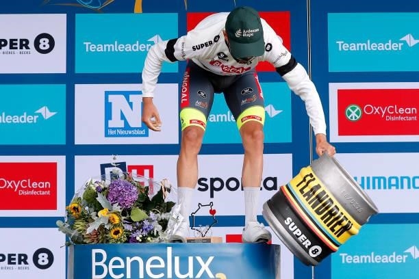 Arjen Livyns of Belgium and Team Bingoal WB celebrates winning the white combativity jersey on the podium ceremony after the 17th Benelux Tour 2021,...