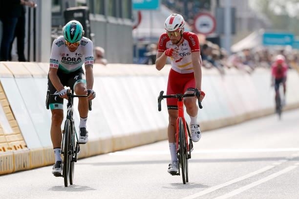 Daniel Oss of Italy and Team Bora - Hansgrohe and Tom Bohli of Switzerland and Team Cofidis cross the finishing line during the 17th Benelux Tour...
