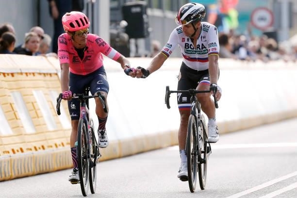 Daniel Arroyave Cañas of Colombia and Team EF Education - Nippo and Peter Sagan of Slovakia and Team Bora - Hansgrohe congratulate each other after...