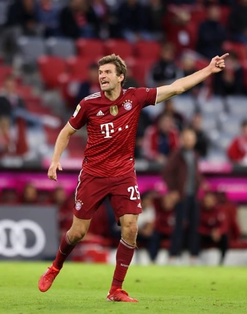 Thomas Mueller of Bayern Muenchen reacts during the Bundesliga match between FC Bayern München and Hertha BSC at Allianz Arena on August 28, 2021 in...