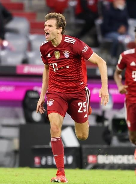 Thomas Mueller of Bayern Muenchen reacts during the Bundesliga match between FC Bayern München and Hertha BSC at Allianz Arena on August 28, 2021 in...