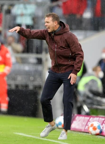 Coach Julian Nagelsmann of Bayern Muenchen reacts from the sidleline during the Bundesliga match between FC Bayern München and Hertha BSC at Allianz...